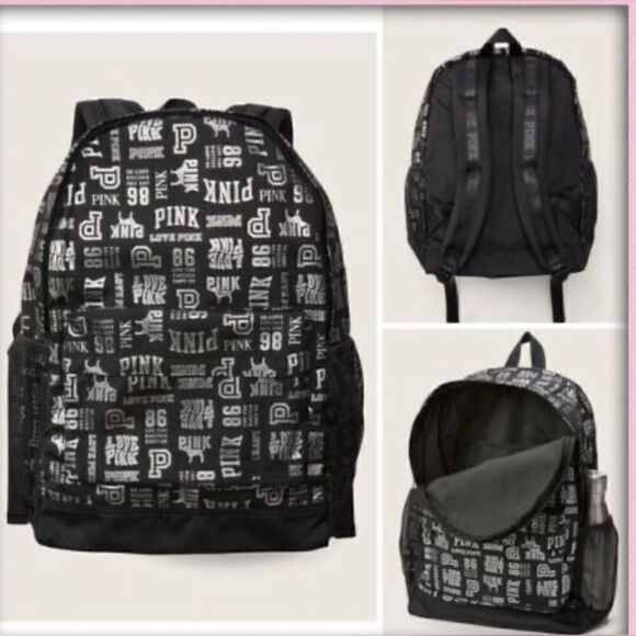 NWT VS PINK black shine all over mixed logo classic backpack - Picture 1 of 6